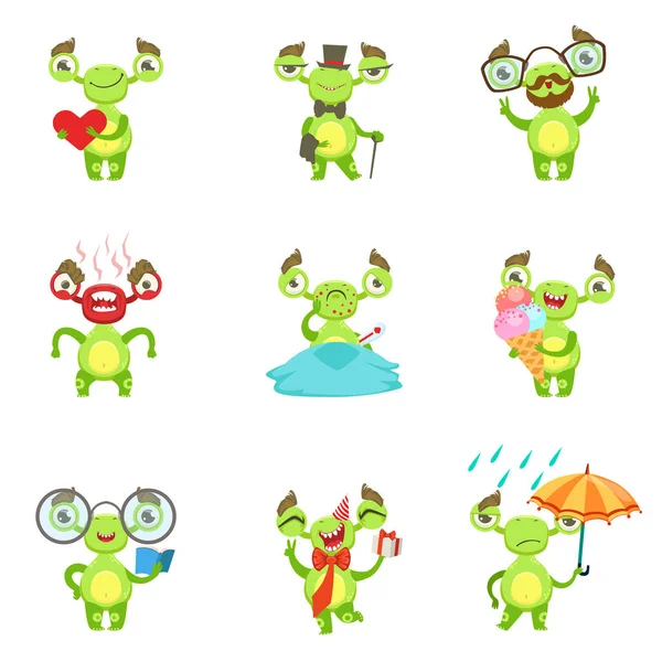 Green Alien Character Different Emotions And Situations Set — Stock Vector