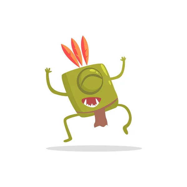 Square Green Manster In Indian Costume Dancing — Stock Vector