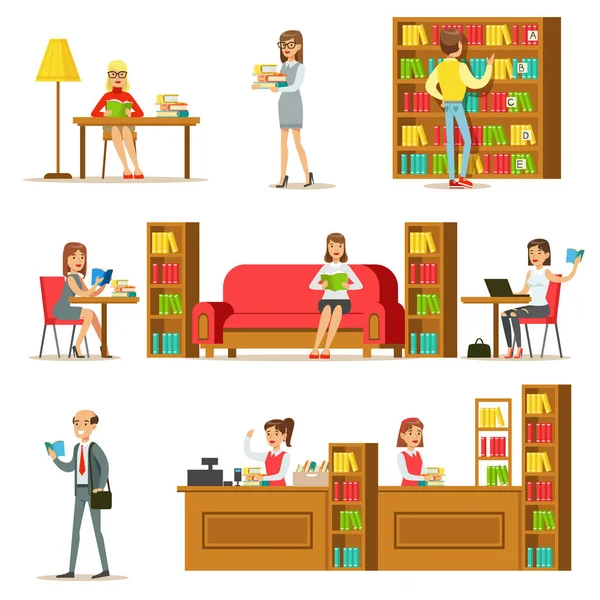 Gente tomando y leyendo libros en la biblioteca Conjunto de ilustraciones — Vector de stock