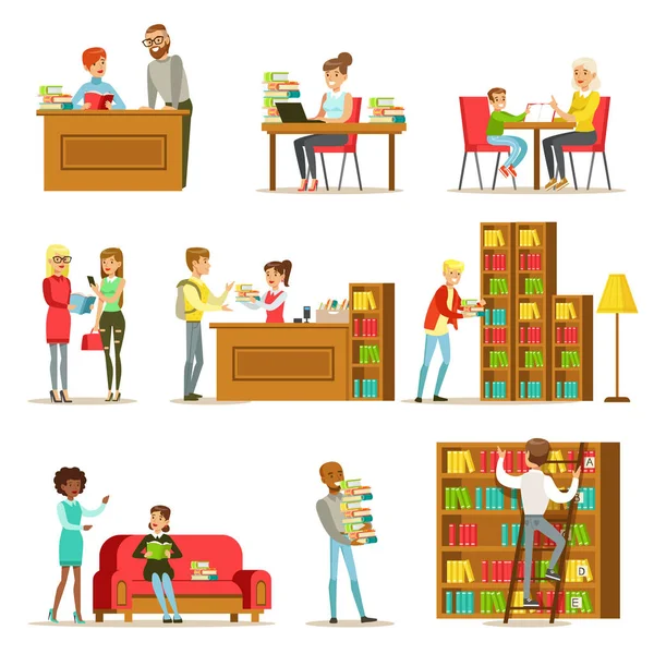 Persone che parlano e leggono libri in libreria insieme di illustrazioni — Vettoriale Stock