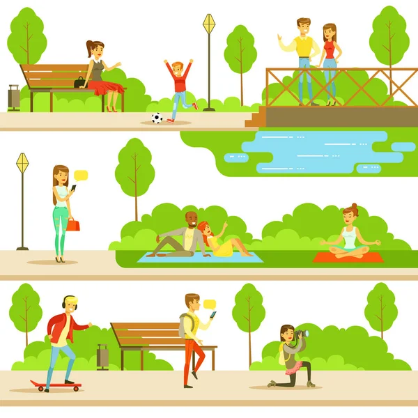 Mensen die tijd doorbrengen In Park In zomer Set van illustraties — Stockvector