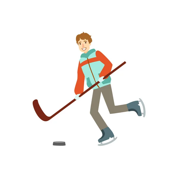 Chico jugando al hockey Deportes de invierno Ilustración — Vector de stock