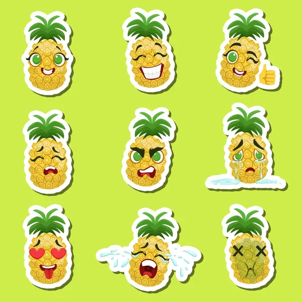 Sada samolepek ananas roztomilý Emoji na zeleném pozadí — Stockový vektor