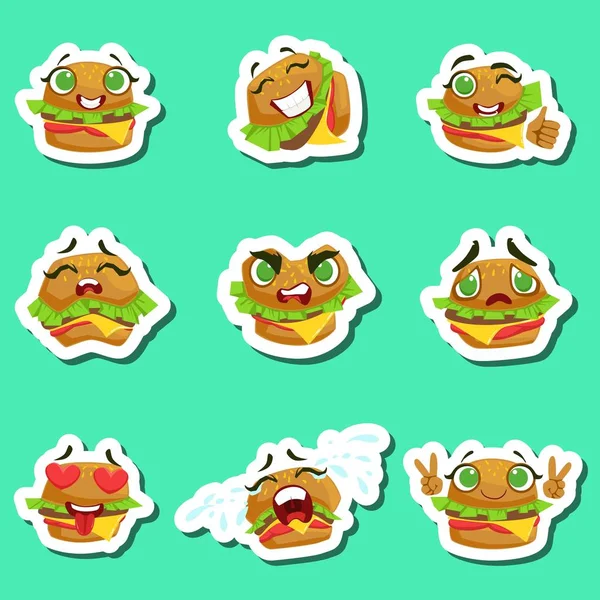 Sada samolepek roztomilý Emoji Burger na zeleném pozadí — Stockový vektor