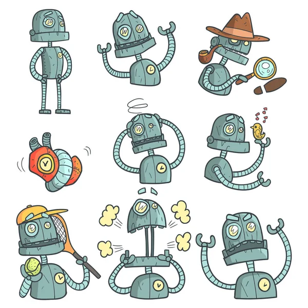 Conjunto de robots azules de dibujos animados esboza retratos — Vector de stock