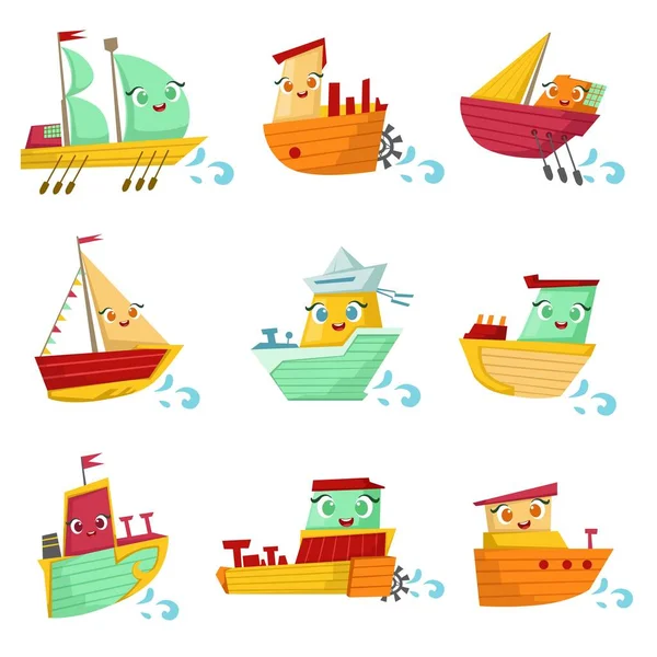 Navios de brinquedo com rostos conjunto ilustração colorida —  Vetores de Stock