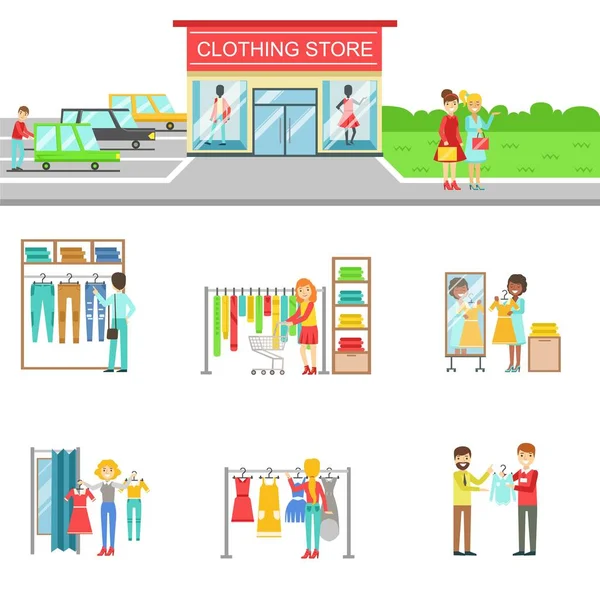 Tienda de ropa Exterior y gente Compras Conjunto de ilustraciones — Vector de stock
