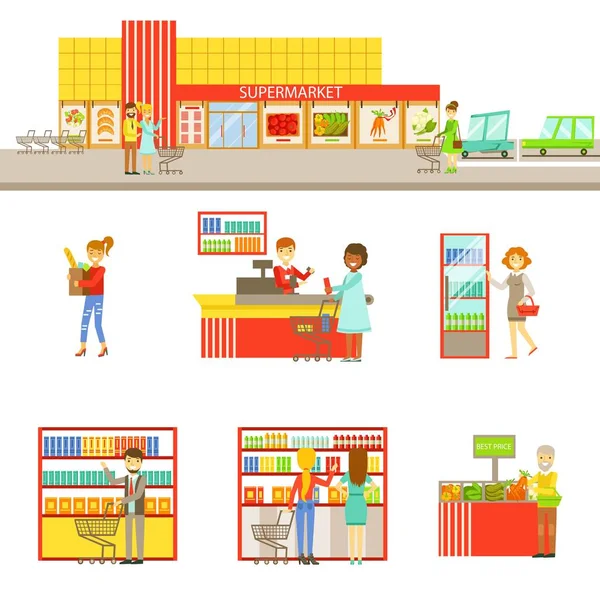 Supermercado Exterior Y Gente Comprando Conjunto de Ilustraciones — Vector de stock