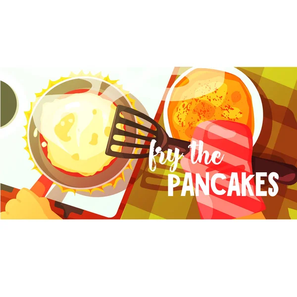 Pancakes Frying Bright Color Illustration — Stock Vector
