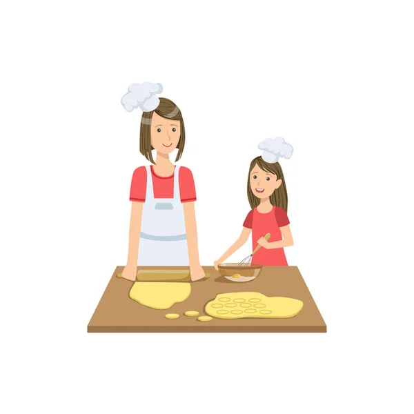 Mutter und Kind backen gemeinsam Plätzchen Illustration — Stockvektor