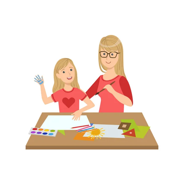Mother and Child Doing Craft Together Illustration — стоковый вектор