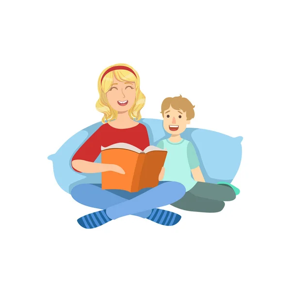 Madre e hijo leyendo un libro juntos ilustración — Archivo Imágenes Vectoriales