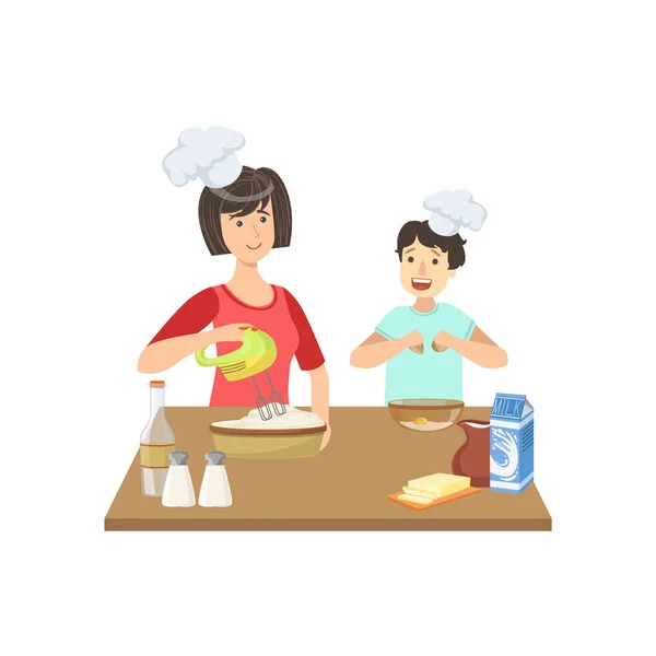 Madre e bambino cucina insieme Illustrazione — Vettoriale Stock