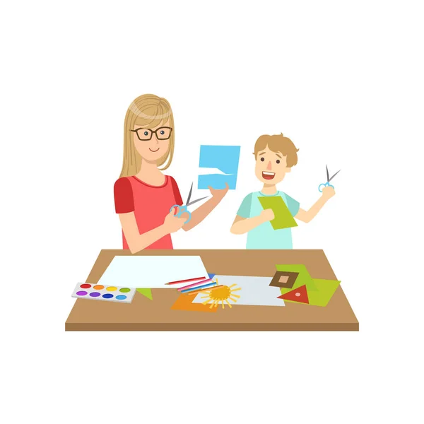 Mother and Child Doing Applique Together Illustration — стоковый вектор