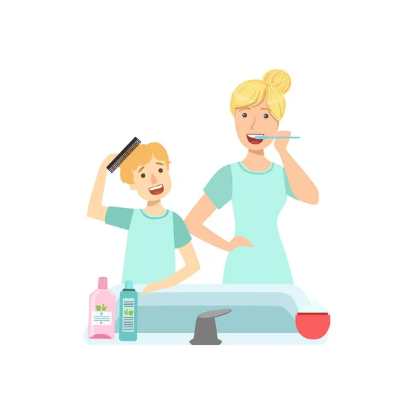 Mother And Child Preparing For Bed Together Illustration — Stock Vector