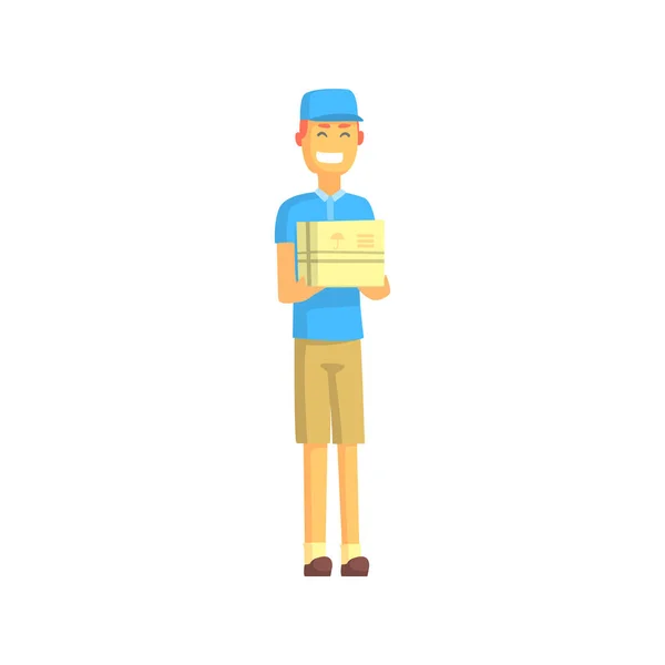Trabajador de entrega en camiseta azul que sostiene el paquete pequeño — Vector de stock
