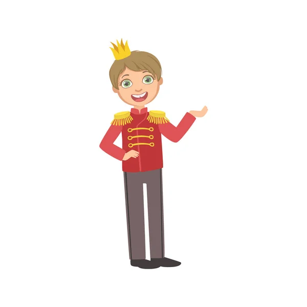 Μικρό αγόρι στο κόκκινο στρατιωτικό σακάκι ντυμένος ως πρίγκιπας παραμύθι — Διανυσματικό Αρχείο
