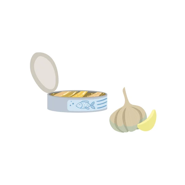 Illustrazione isolata di colore brillante di sardine, aglio e limone — Vettoriale Stock