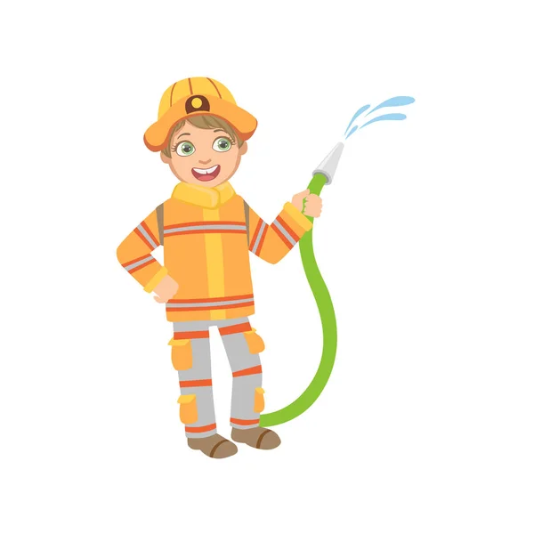 Jongen verkleed als brandweerman met slang — Stockvector