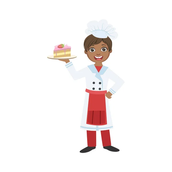 Menino vestido como cozinheiro segurando placa com pedaço de bolo — Vetor de Stock