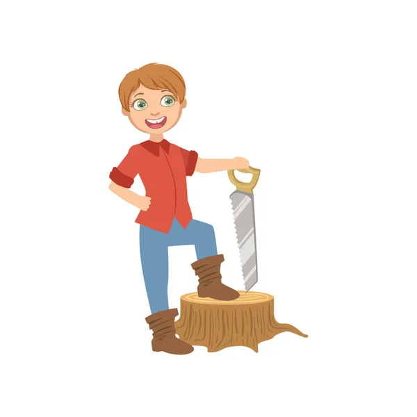 Pojke klädd som skogshuggare håller en såg — Stock vektor