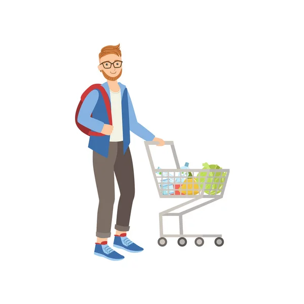 Homme avec sac à dos faisant du shopping pour la nourriture au supermarché — Image vectorielle