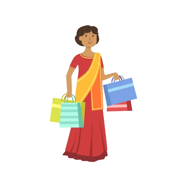Mulher em Sari indiano no shopping — Vetor de Stock