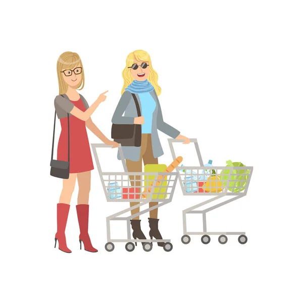 Két barátnő élelmiszerbolt bevásárlás — Stock Vector