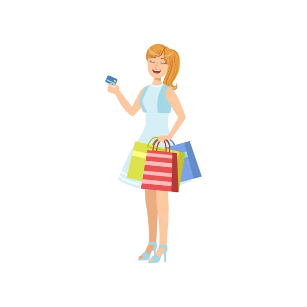Girl Smiling Paying With Credit Card In Shopping Mall — Stock Vector