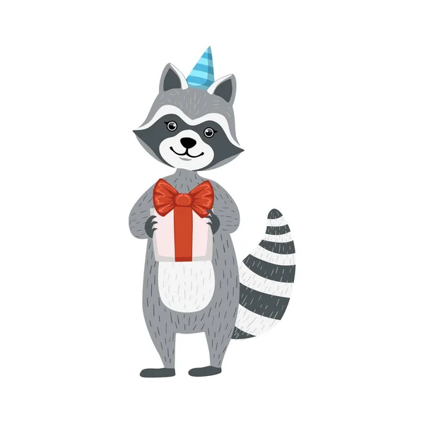 Mignon personnage de raton laveur dans le chapeau de fête tenant un présent — Image vectorielle