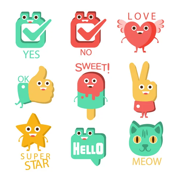 Wörter und entsprechende Illustrationen, Zeichentrickfiguren mit Augen, die das Text-Emoji-Set illustrieren. — Stockvektor