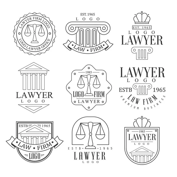 Modelos do logotipo do escritório da firma de advocacia e do advogado com pilares iônicos clássicos, pedimentos e silhuetas do equilíbrio — Vetor de Stock