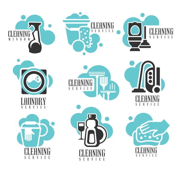家や事務所の清掃サービスを雇うラベル セットは、家事のプロの掃除のためのロゴのテンプレート ヘルプ — ストックベクタ