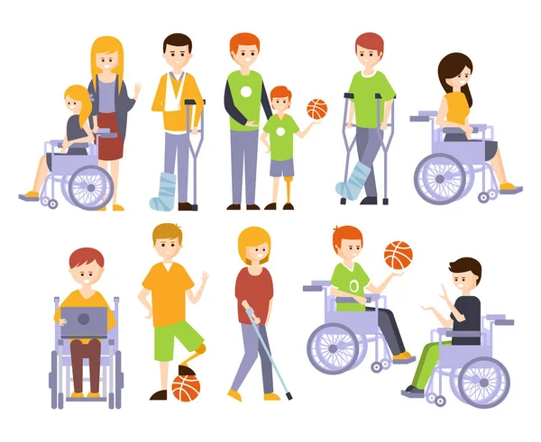 Persone con disabilità fisiche che vivono una vita piena e felice con una serie di illustrazioni con uomini e donne disabili sorridenti — Vettoriale Stock