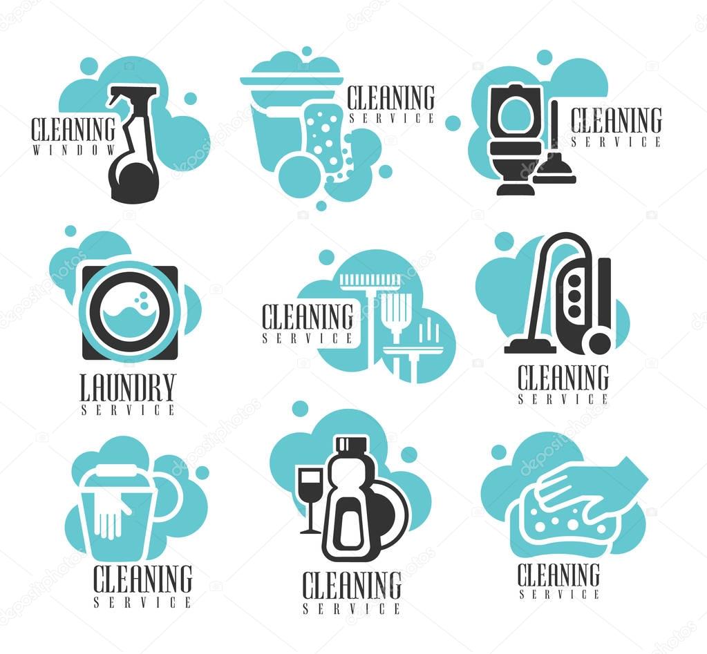 House And Office Cleaning Service Hire Labels Set, Logo Templates For Professional Cleaners Help For The Housekeeping. Different Possible Cleanup Zone Silhouettes On Promotional Vector Stickers In