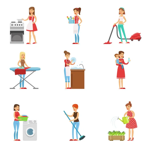 Temizlik mutlu Modern ev kadınları — Stok Vektör