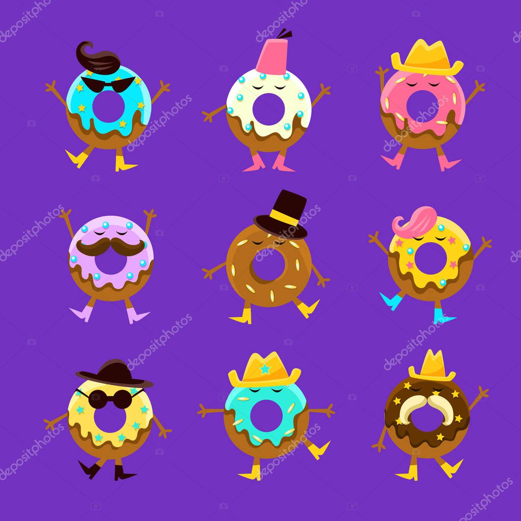 Ciambelle umanizzate fumetto personaggi con braccia e gambe con viso dotato di Set Pasticceria dolce ciambella di personaggi maschili e femminili