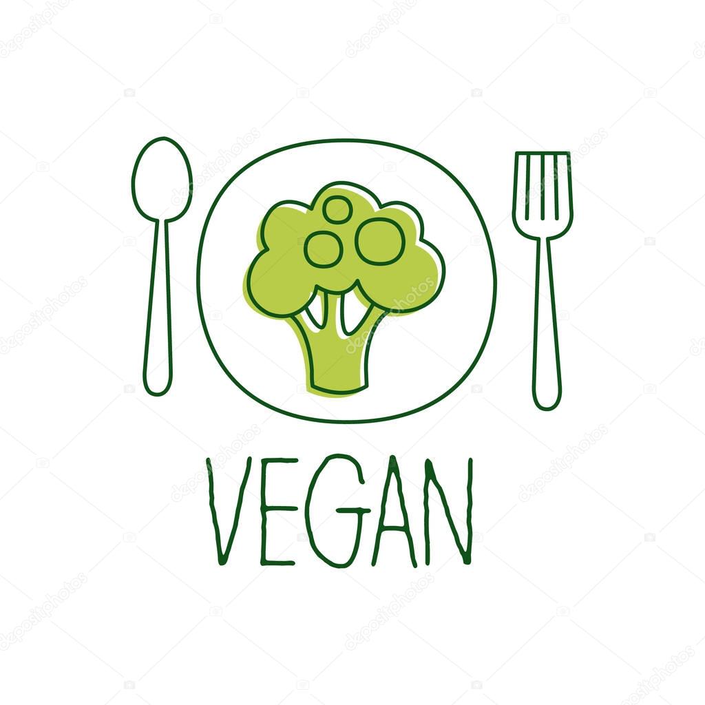 Fresh Vegan Food Promotional Sign With Broccoli On The Plate For Vegetarian, Vegan And Raw Food Diet Menu. Hand Drawn Advertisement Logo For Natural Products And Healthy Lifestyle Eating.