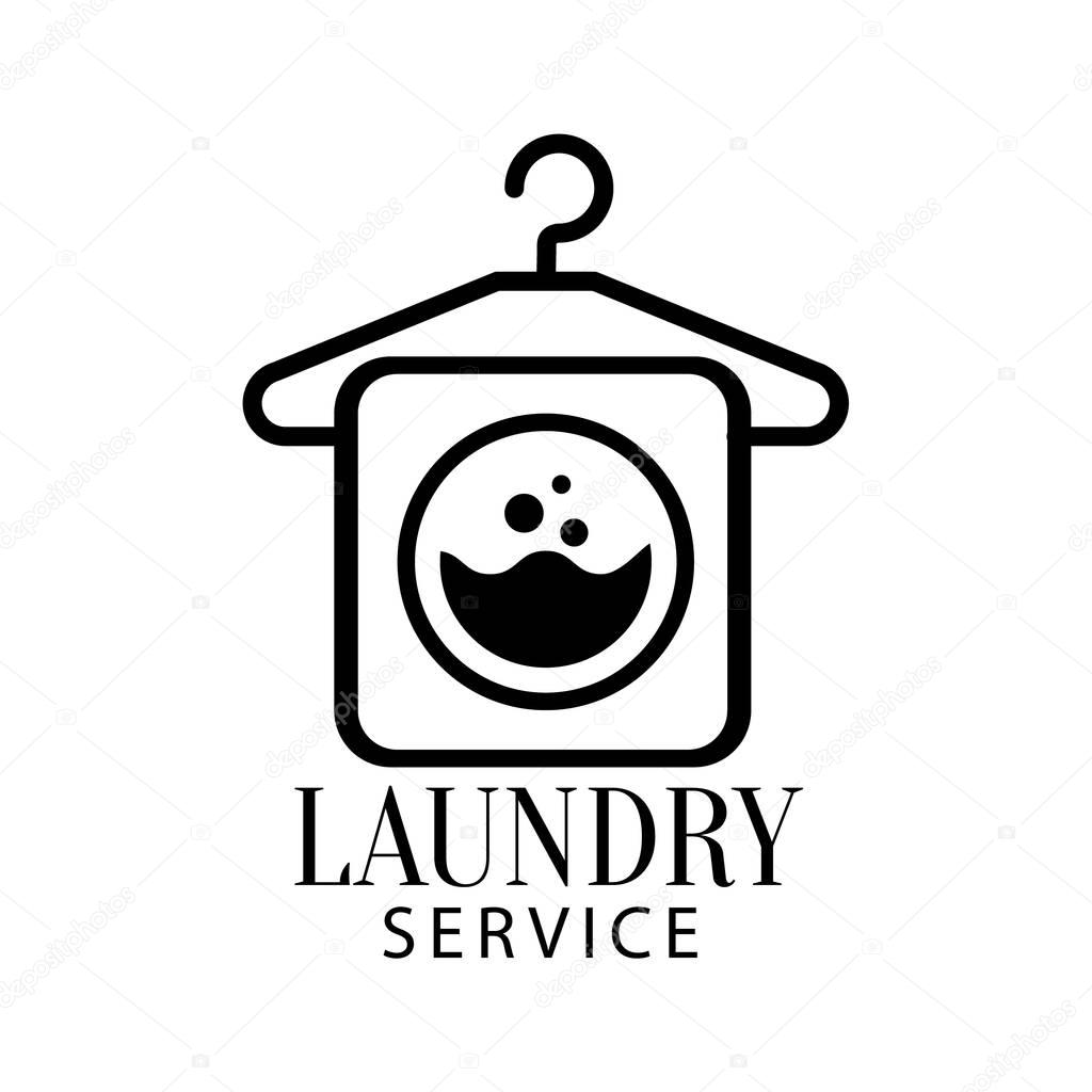 Black And White Sign For The Laundry And Dry Cleaning Service With Hanger And Washing Machine Symbol. Vector Clothes Washing Service Template Logo With Calligraphic Text, Wash And Fold Stamp