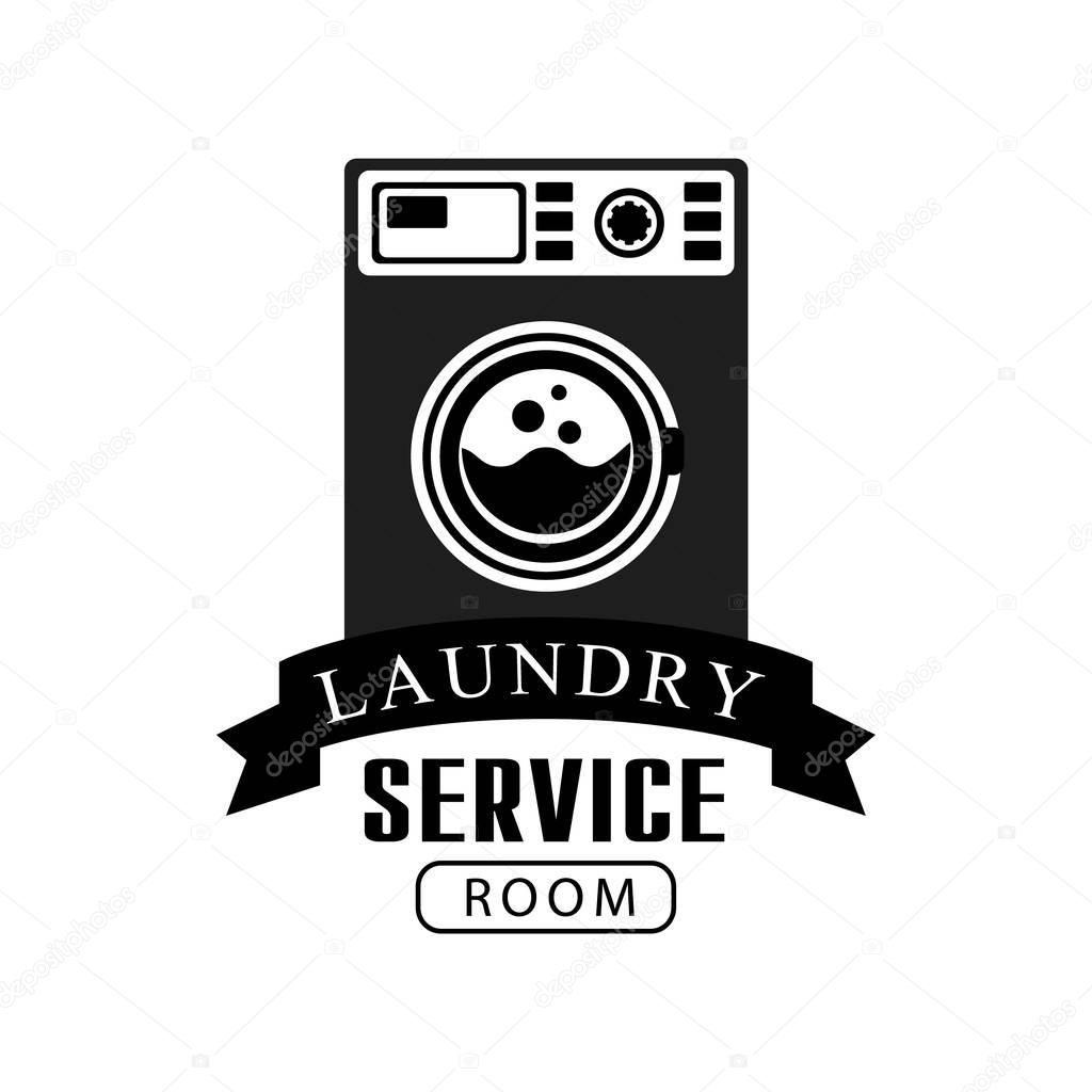 Black And White Sign For The Laundry And Dry Cleaning Service With Dark Color Washing Machine. Vector Clothes Washing Service Template Logo With Calligraphic Text, Wash And Fold Stamp Collection.