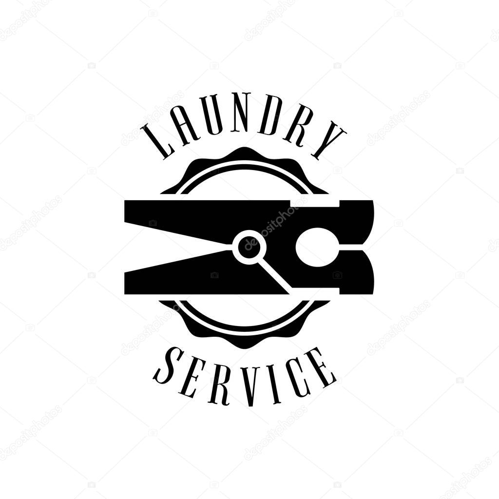 Black And White Sign For The Laundry And Dry Cleaning Service With Clothes Pin. Vector Clothes Washing Service Template Logo With Calligraphic Text, Wash And Fold Stamp Collection.