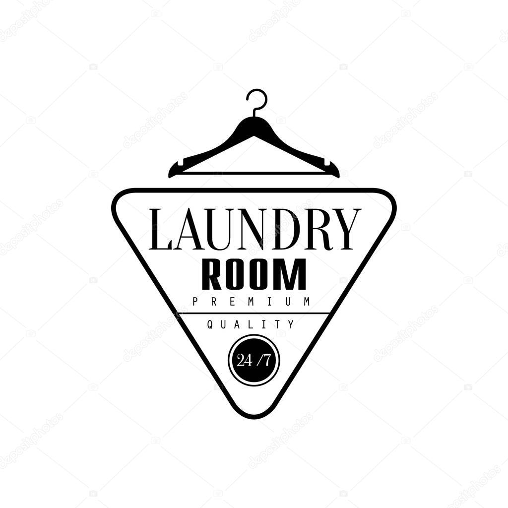 Black And White Sign For The Laundry And Dry Cleaning Service With Hangr And Triangle Frame. Vector Clothes Washing Service Template Logo With Calligraphic Text, Wash And Fold Stamp Collection.