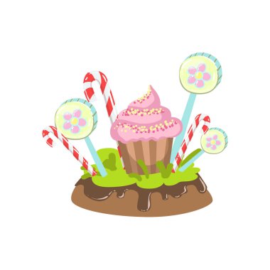 Cupcake, sert şeker sopa ve yakın bitki örtüsü fantezi Şeker Diyarı tatlı peyzaj unsuru