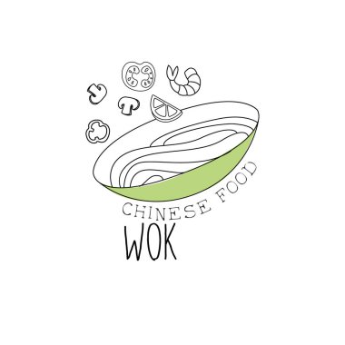 Bir kase erişte, karides ve sebze Çin yemeği ve Wok Fast Food Cafe menü elle çizilmiş illüstrasyon