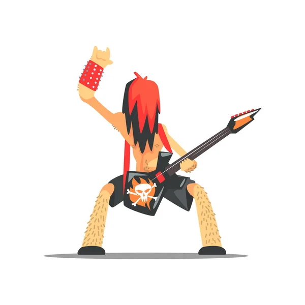 Rock Band Member Funny Character With Guitar On Stage — Stock Vector