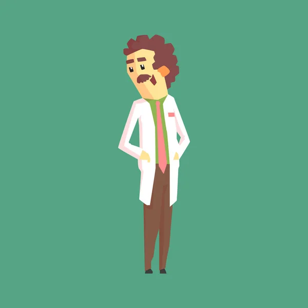 Scienziato divertente nel cappotto del laboratorio in piedi e sorridente — Vettoriale Stock