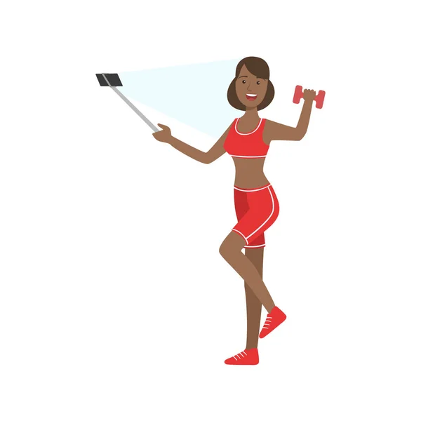 Selfie スティック図で写真を撮る女性フィットネス ブロガー — ストックベクタ