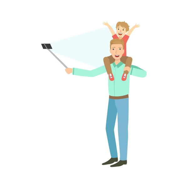 Vater mit Kind auf Schultern macht Foto mit Selfie-Stick-Illustration — Stockvektor