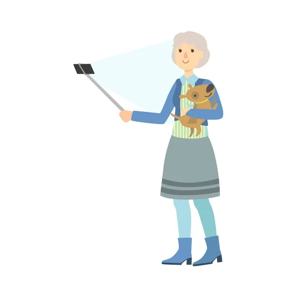 Alte Dame mit Hund fotografiert mit Selfie-Stick — Stockvektor