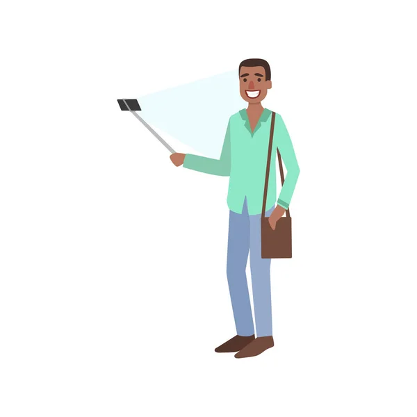 Czarny facet biorąc obraz z Selfie Stick ilustracja — Wektor stockowy